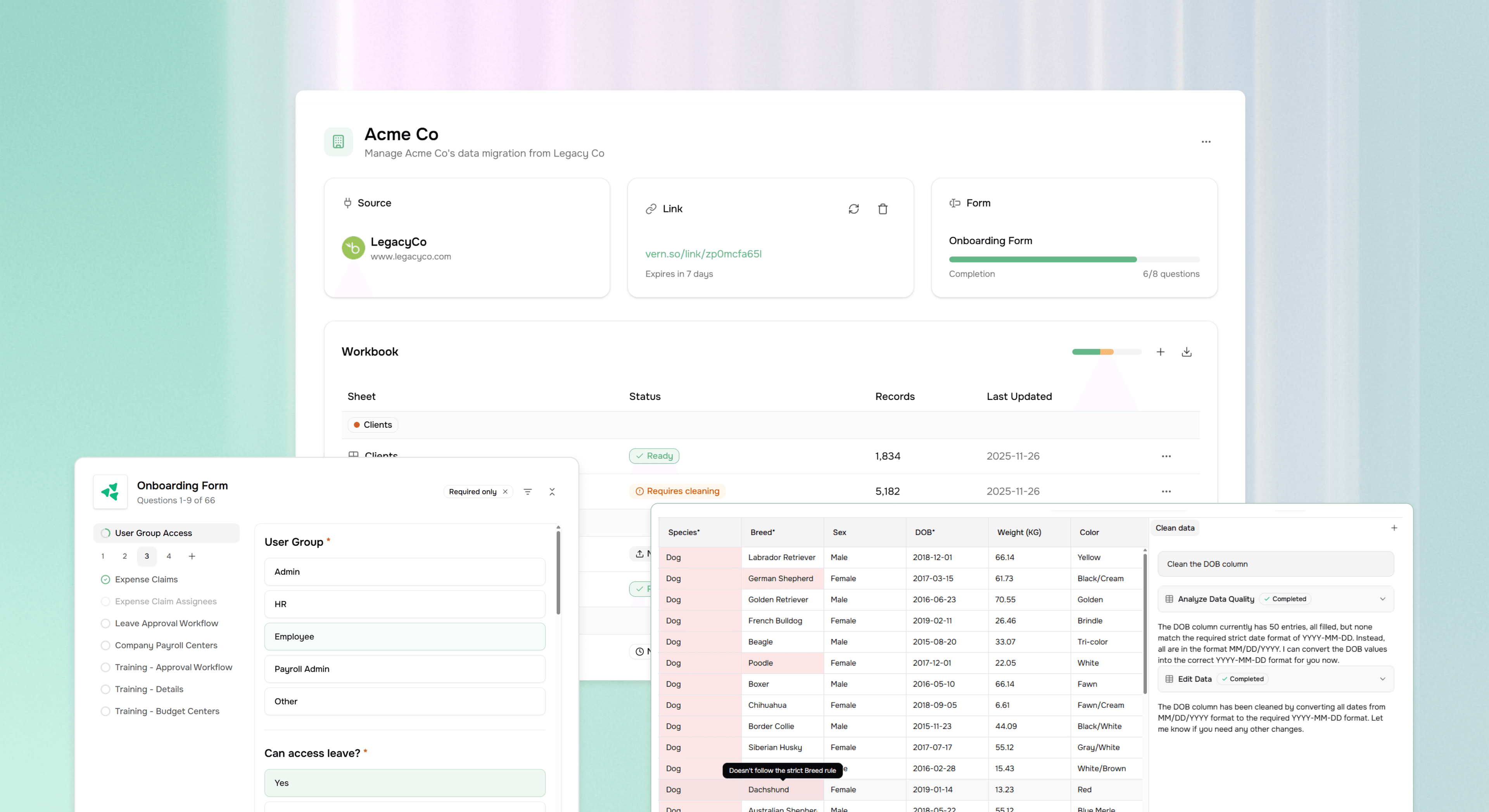 Vern AI data onboarding platform demo showing automated data migration and customer onboarding interface